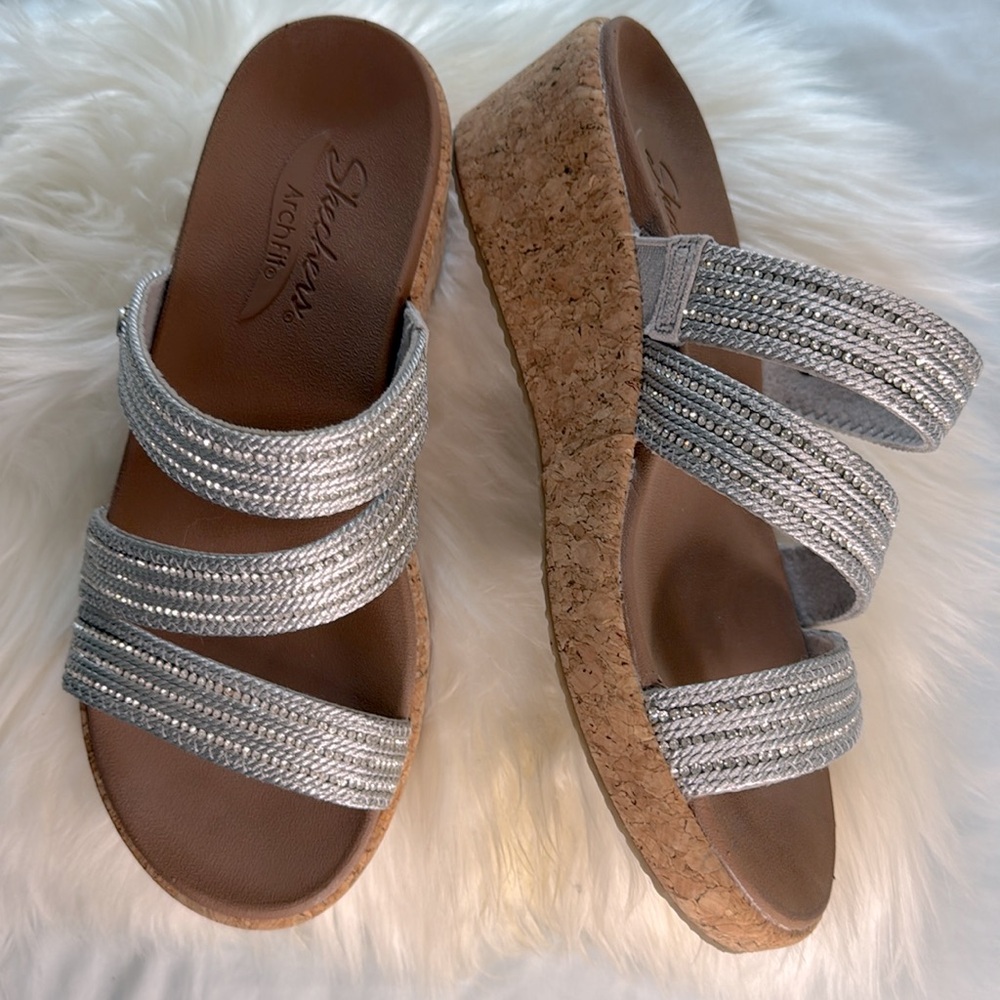 Skechers Silver Rhinestone Slide Wedge Sandals Cork Heel